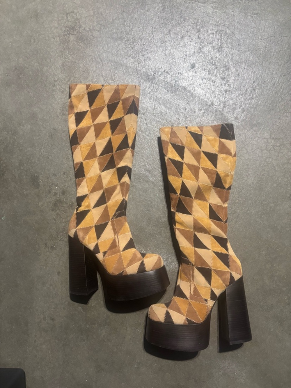 Jeffrey Campbell Geometric Patchwork Platform Knee Boots in Brown and Tan